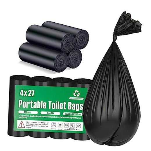 108 Portable Toilet Bags, 8 Gallon Biodegradable Camping 108 Count-black