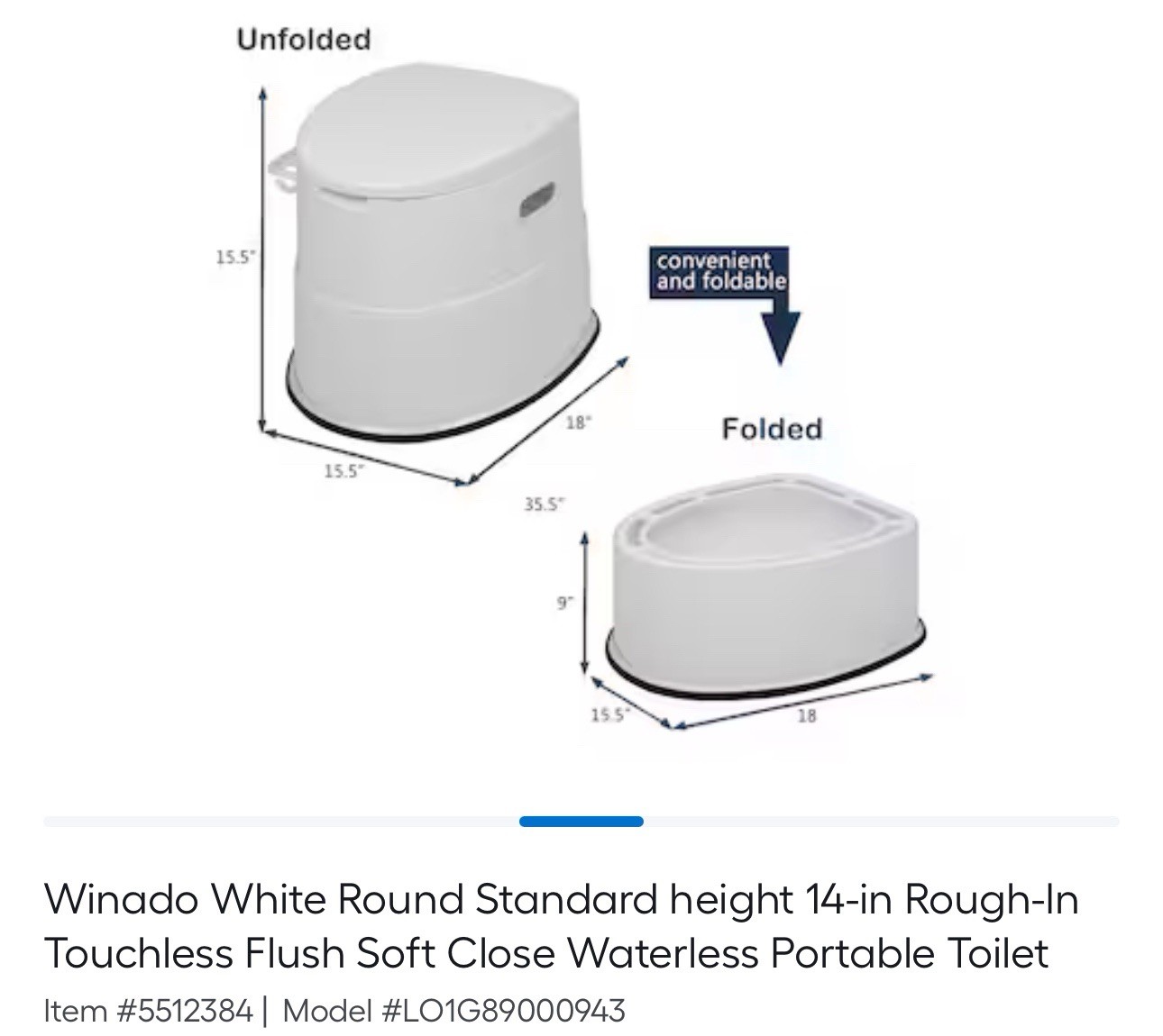 Winado Touchless Waterless Portable Toilet 14in Rough-In White