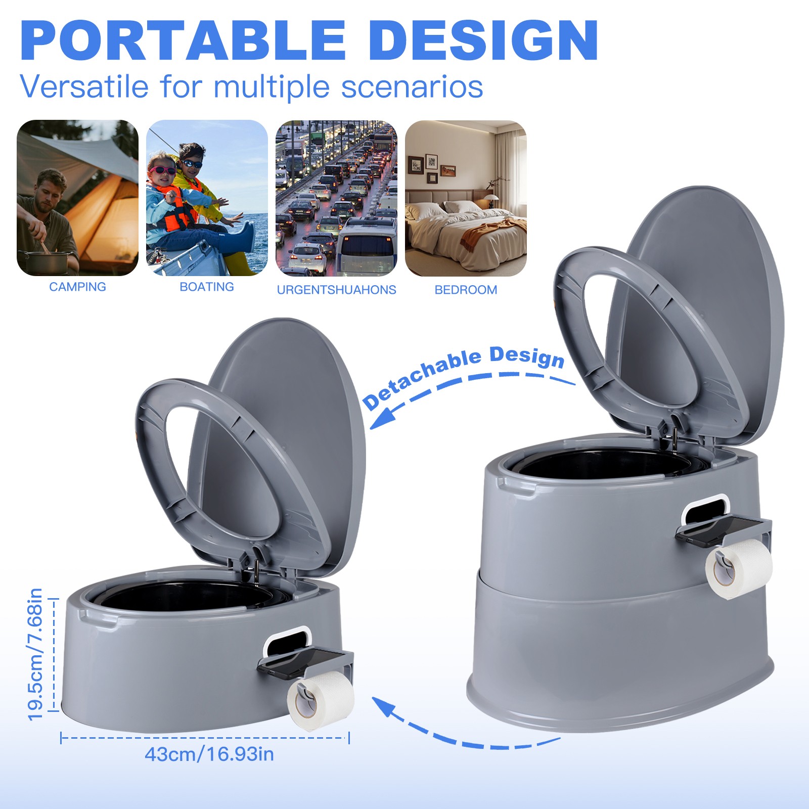 Portable Camping Toilet with Detachable Phone Shelf and Toilet Paper Holder