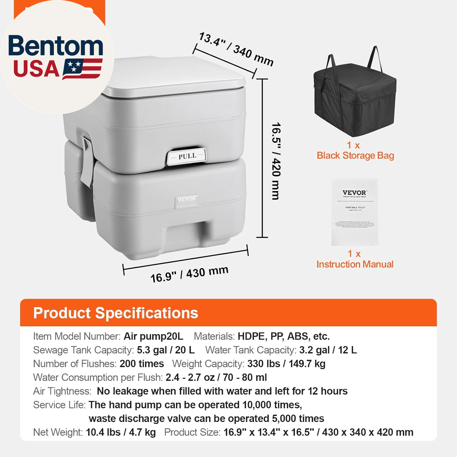 Portable Toilet for Camping, RV Toilet with Carry Bag, 5.3 Gal Waste Tank & 3.2