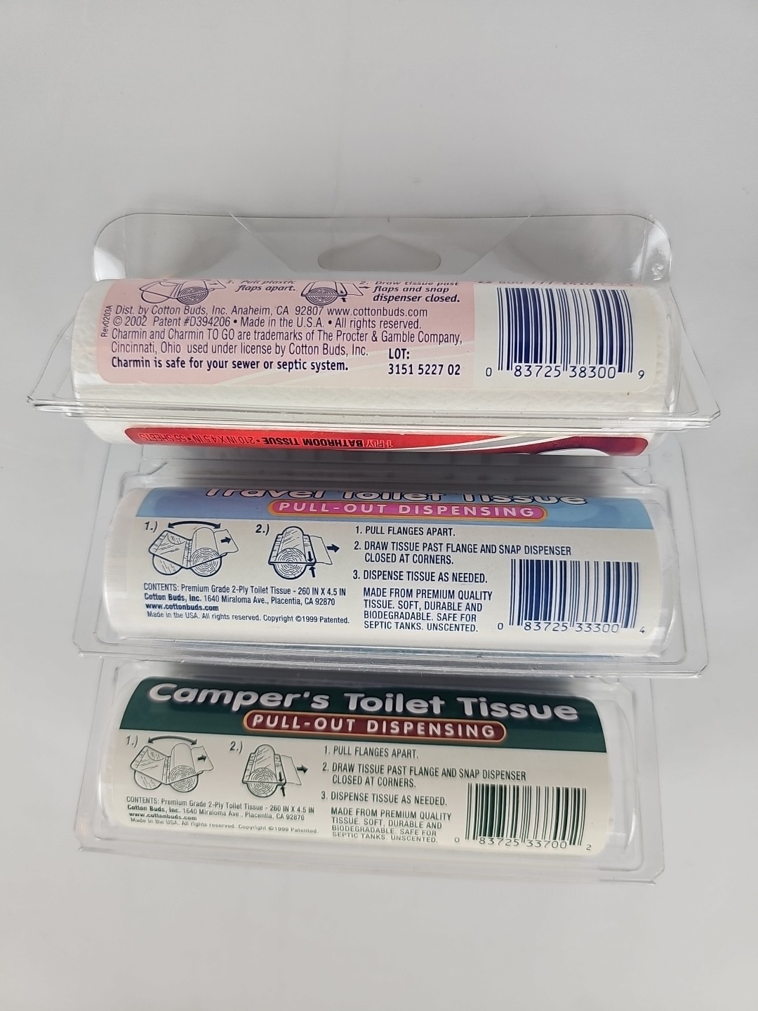 Vtg Charmin To Go Toilet Paper + 2 Vtg Cottonbud Campers Travel Tissue