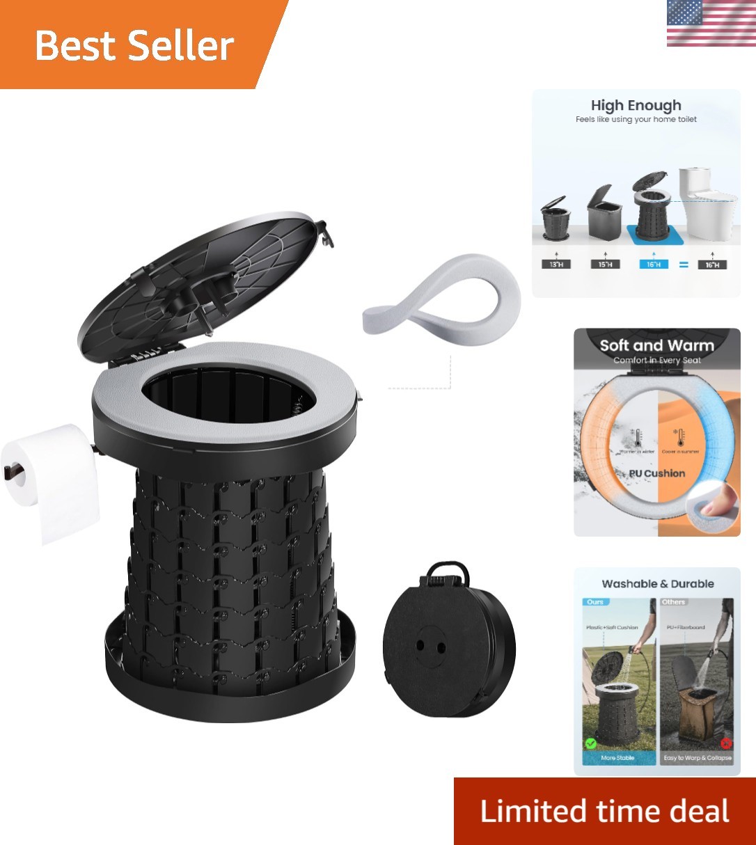 Comfortable Foldable Camping Toilet – Charcoal Black with User-Friendly Features