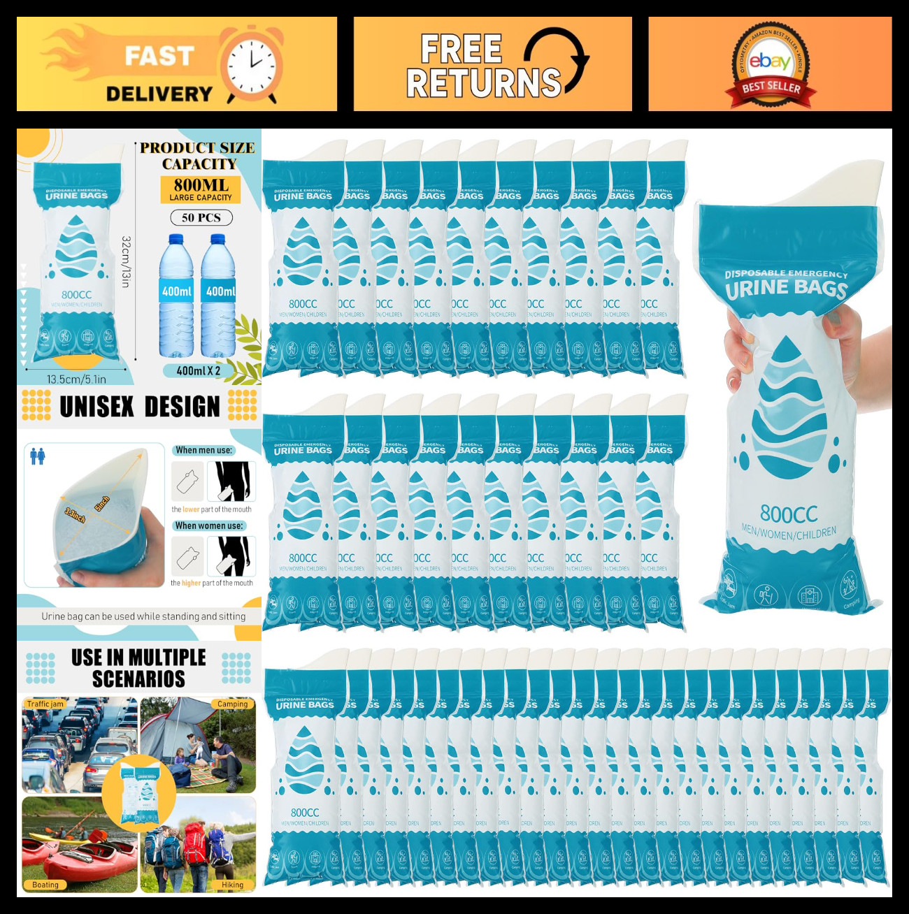 50 Pcs Disposable Urinal Bags – Portable Emergency Pee Bags for Travel, Camping,