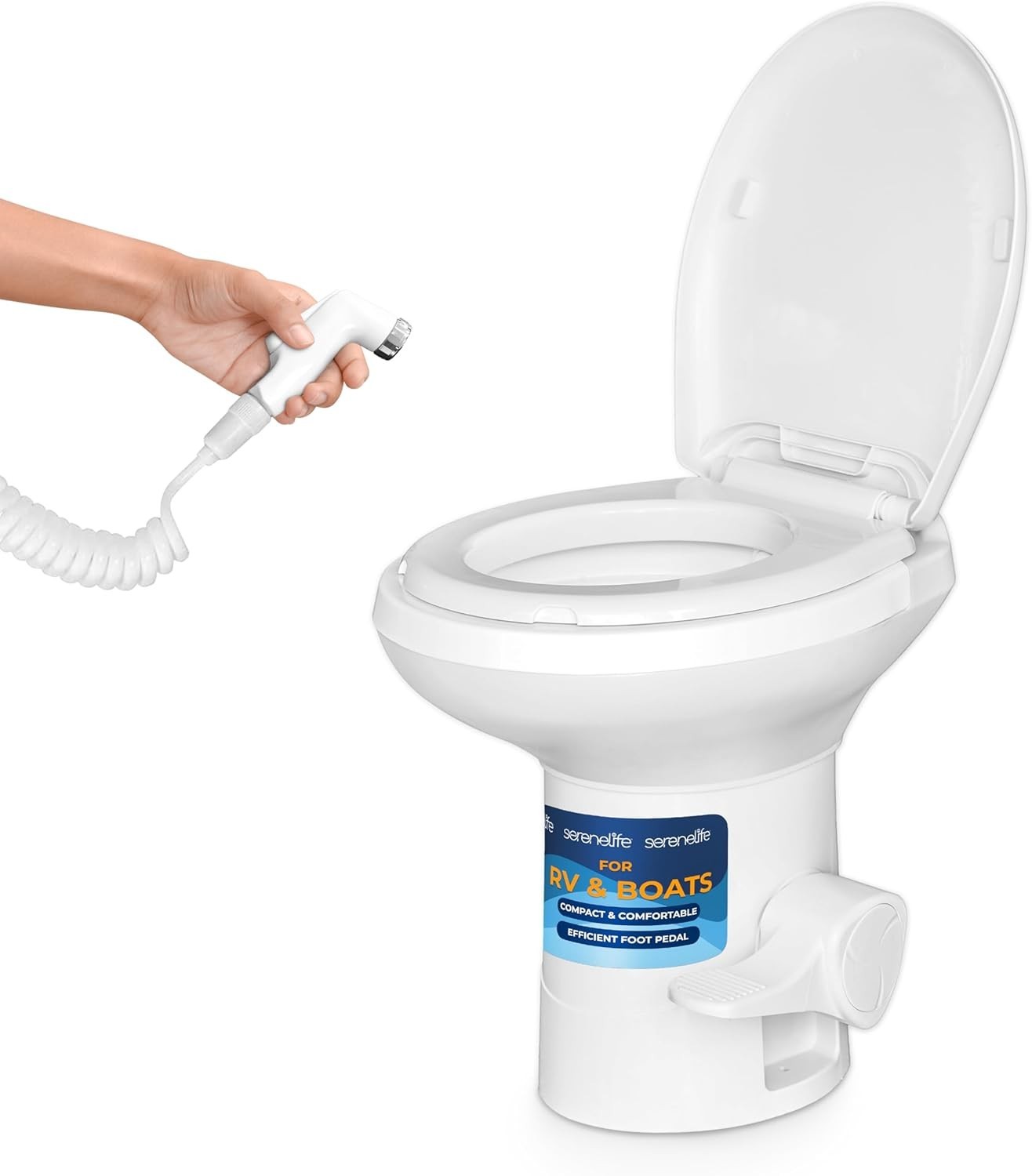 RV Gravity Flush Toilet with Foot Pedal and Hand Sprayer | T-Type Full-Bowl F…