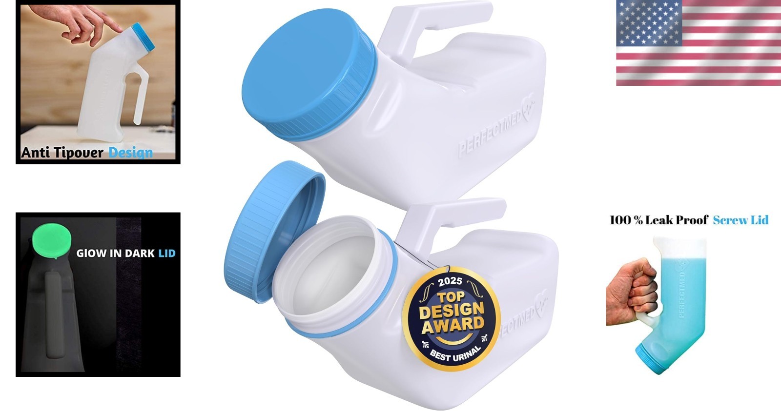 Innovative Men’s Urinals by PerfectMed – 32 oz, Glow-in-Dark Lid & Spill-Proof
