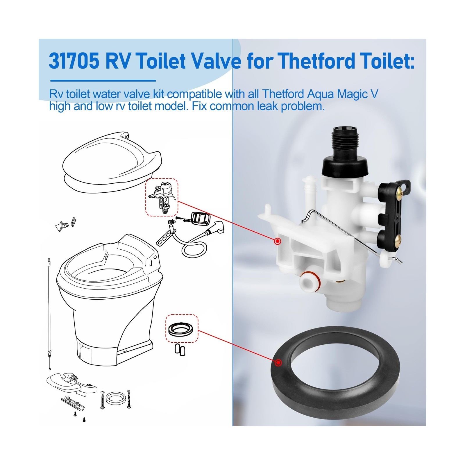 RV Toilet Water Valve Kit For Thetford Aqua-Magic 31705/31688