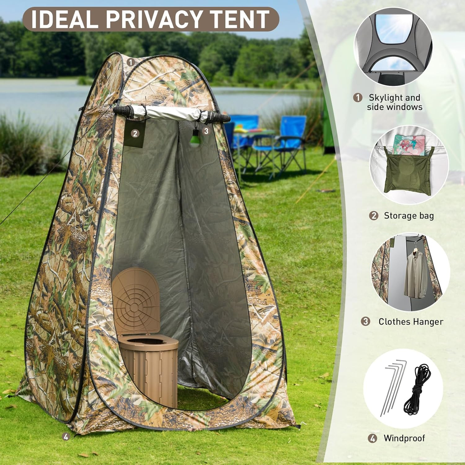 Portable Camping Toilet with Pop-Up Privacy Tent, 12-Inch Toilet Seat, Outdoor P