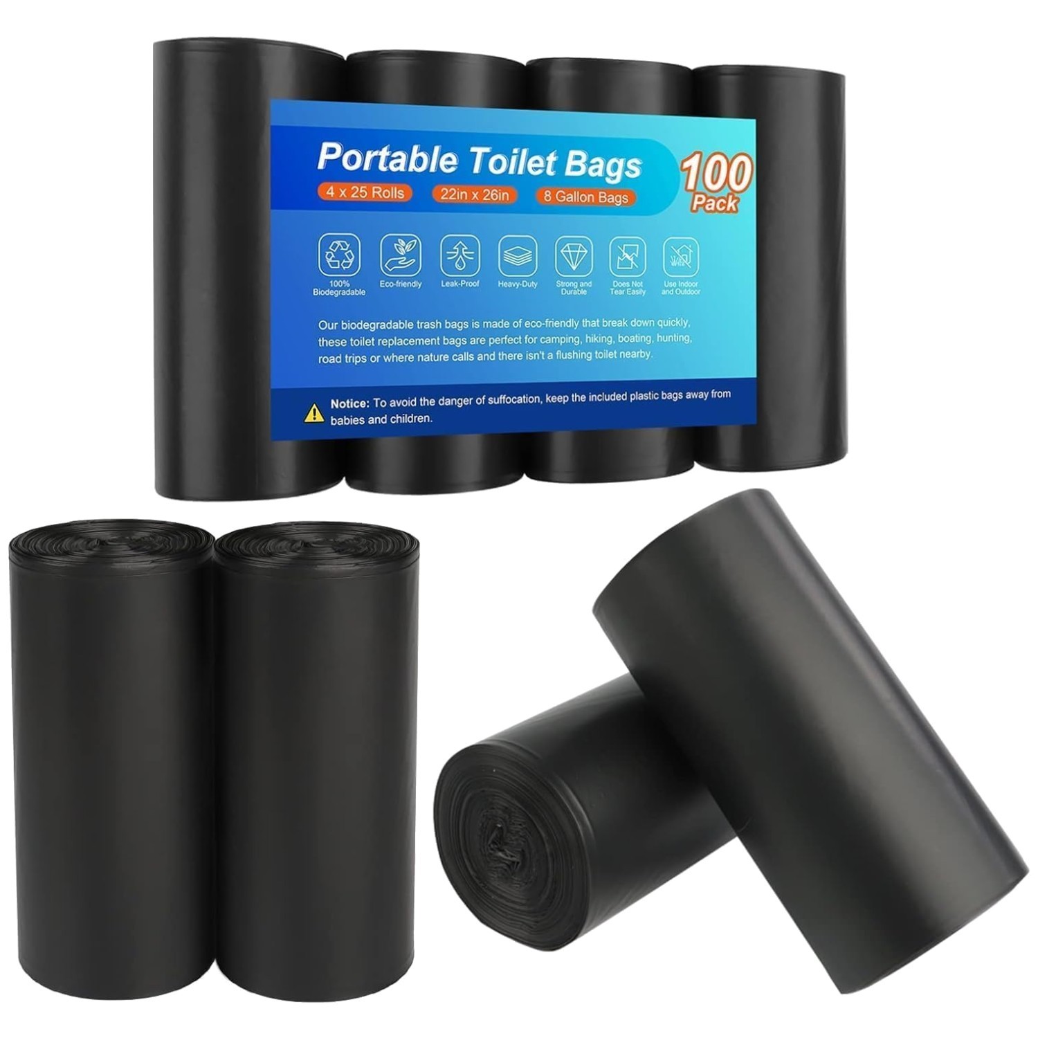 Travel-friendly Portable Toilet Bags, 100 Pcs, 8 Gallon