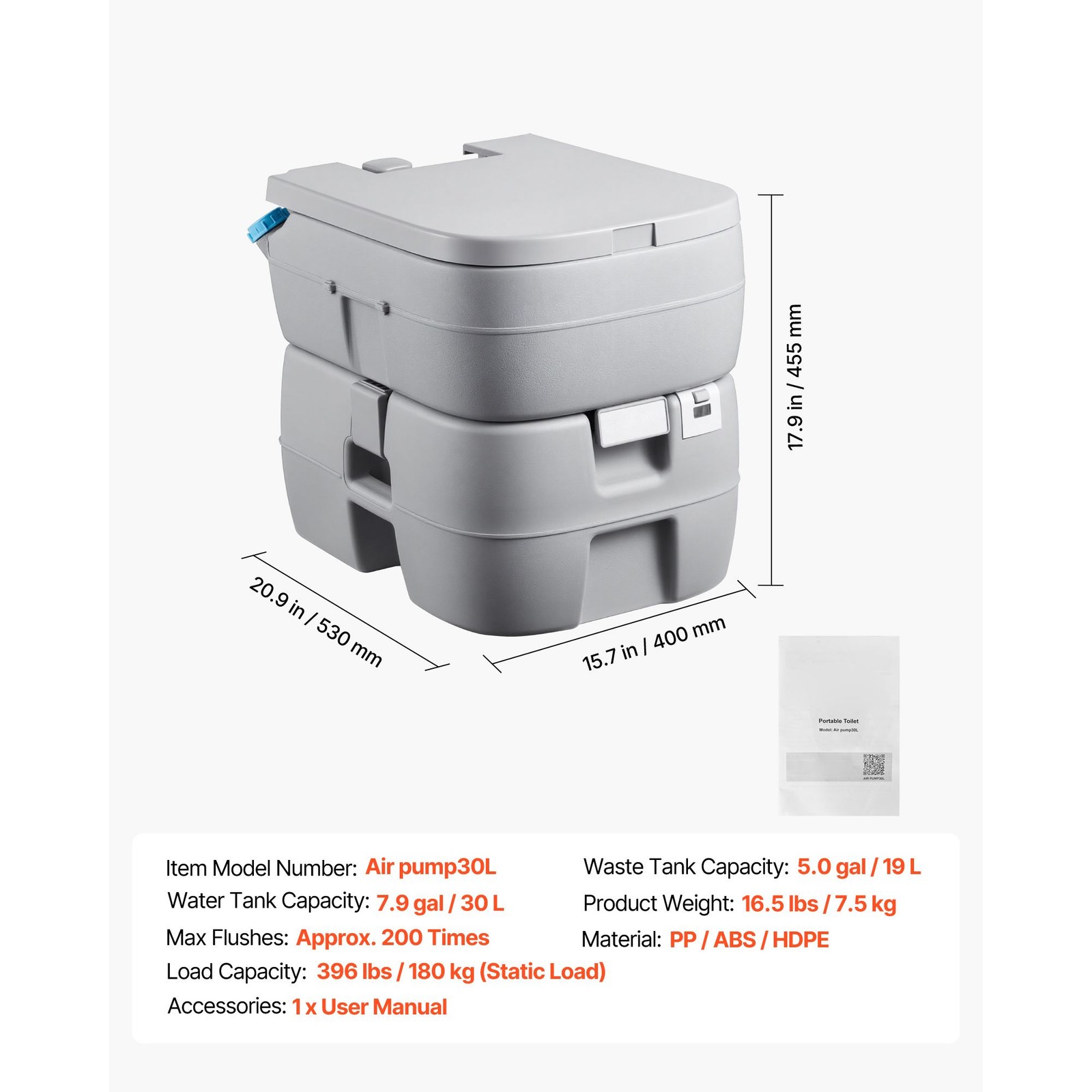 Portable Toilet 7.9 gal Waste Tank 200 Flushes for Hiking