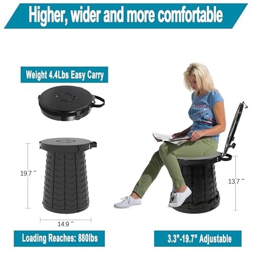 XXL Portable Toilet – 19.7″ H Taller Wider Collapsible 15″x15″x19.7″ Black