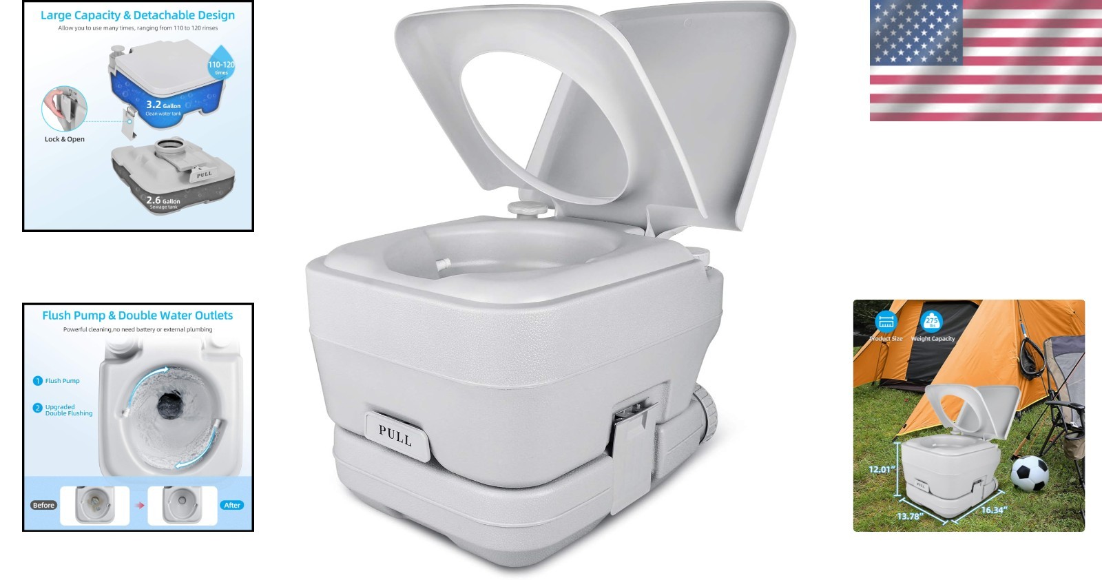 Durable 2.6 Gallon Portable Travel Toilet with Handle Flush Pump for Camping
