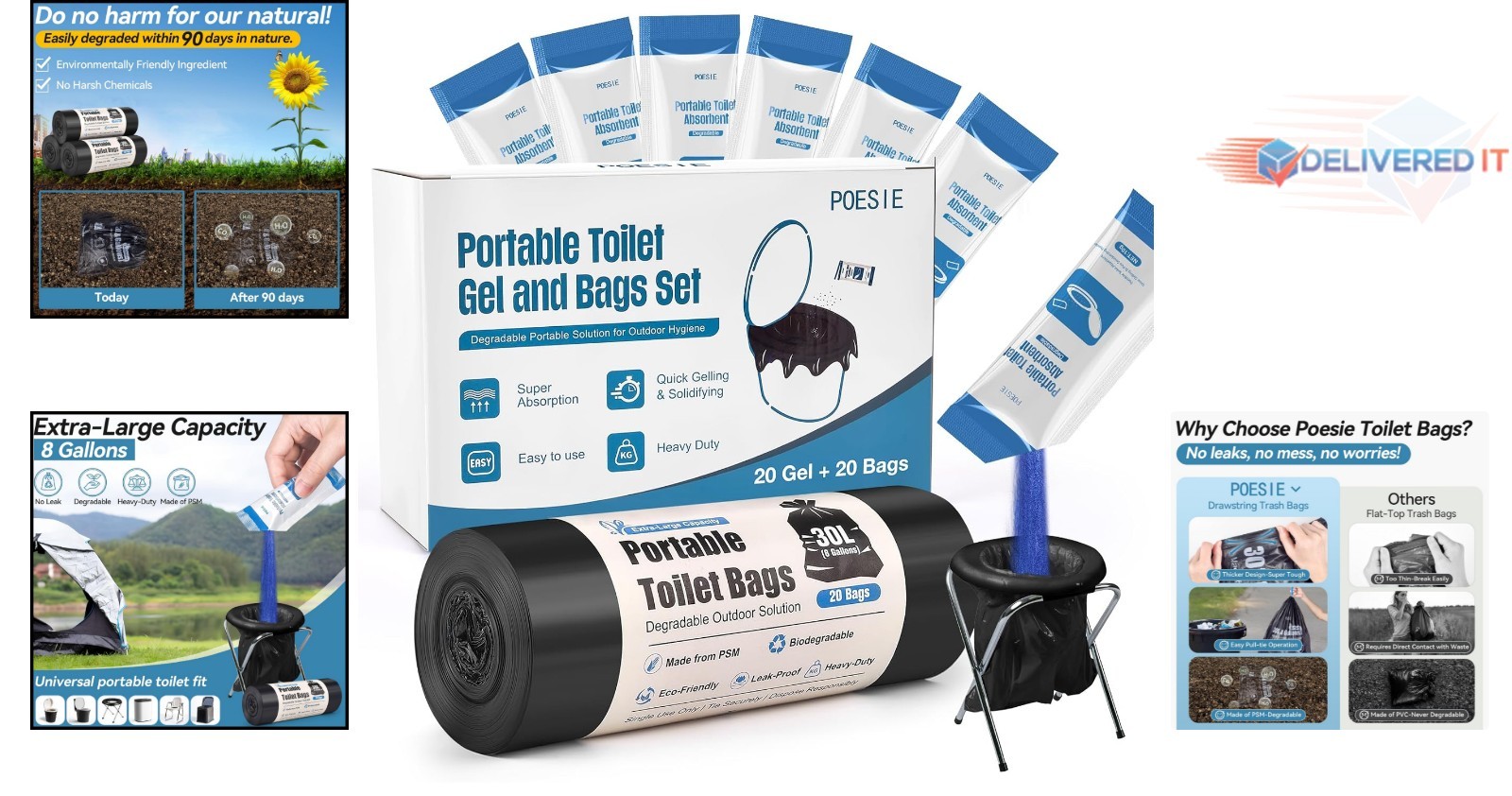 Portable Toilet Gel Powder Set for Camping Hiking Emergency Waste Disposal