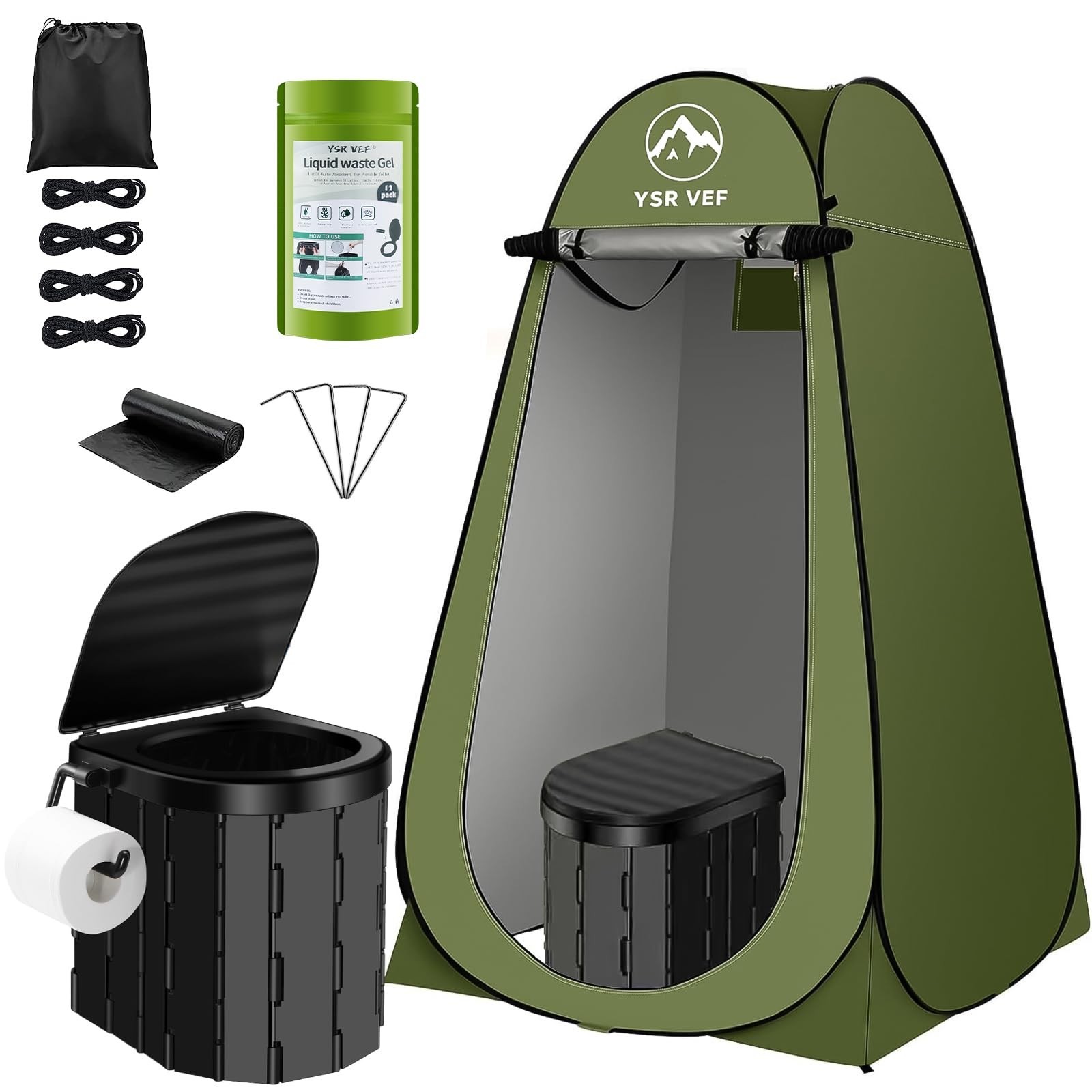 Portable Camping Toilet Kit with Privacy Tent, Poo Gel Bags & Outdoor Shower