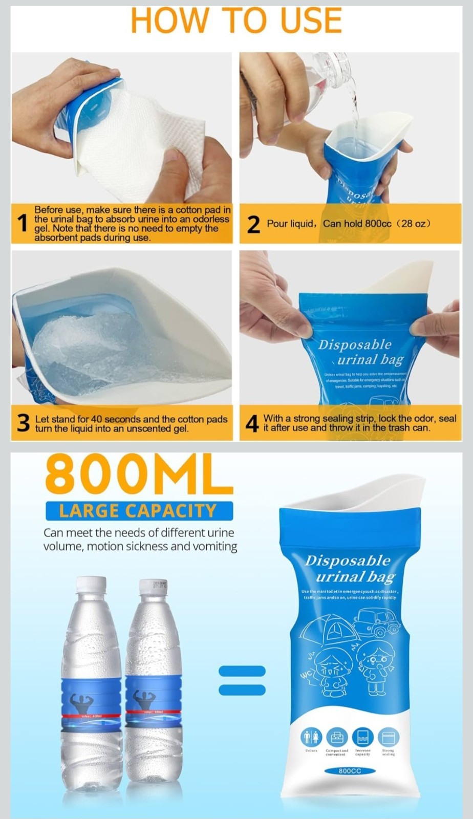 Disposable Urine Bag, 24 PCS 800ML for Travel, Emergency Portable Pee, Unisex