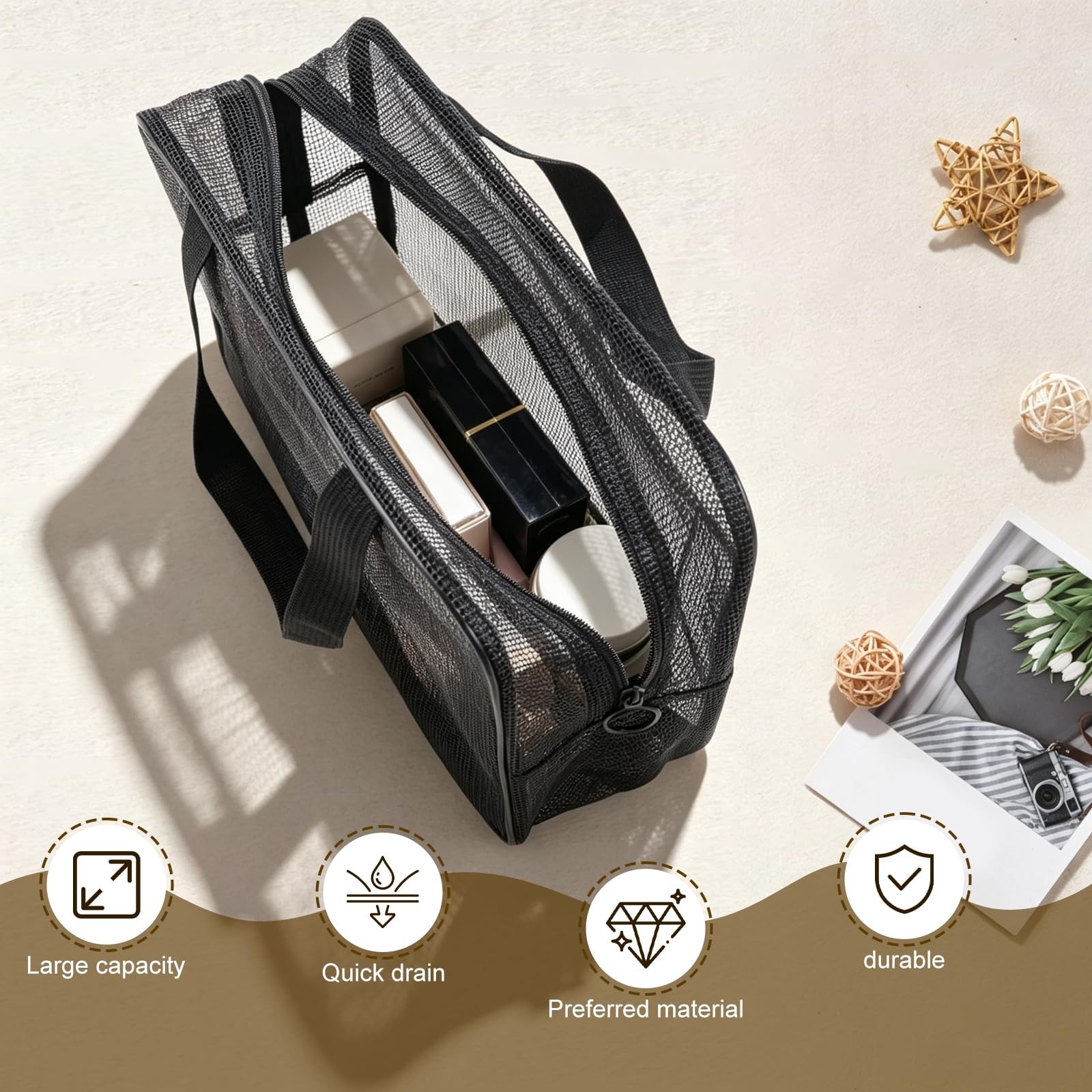 Qandora Mesh Shower Toiletry Caddy Bag Portable for Travel Gym Bathroom Black