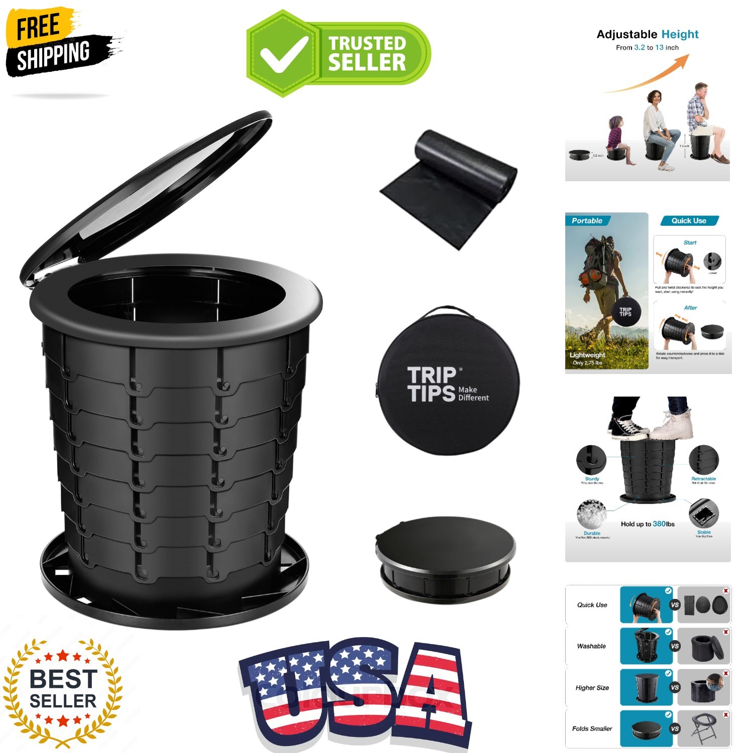 Upgrade Retractable Portable Toilet Travel Toilet Adjustable Height Camping T…
