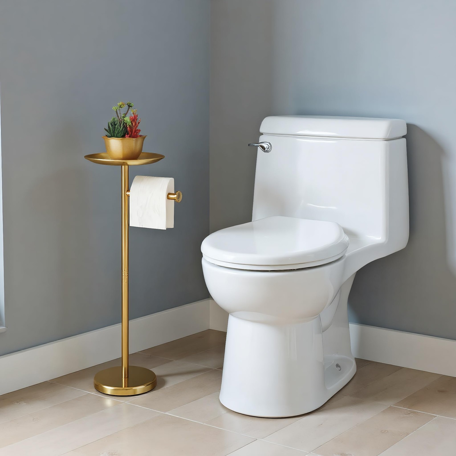 Toilet Paper Holder Stand Gold with Shelf on Top, Sturdy TP Roll Holder Floor St