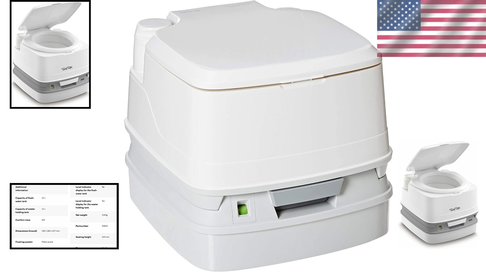 Thetford 345 White Portable Toilet – Compact, Easy Flush, Sanitary Design