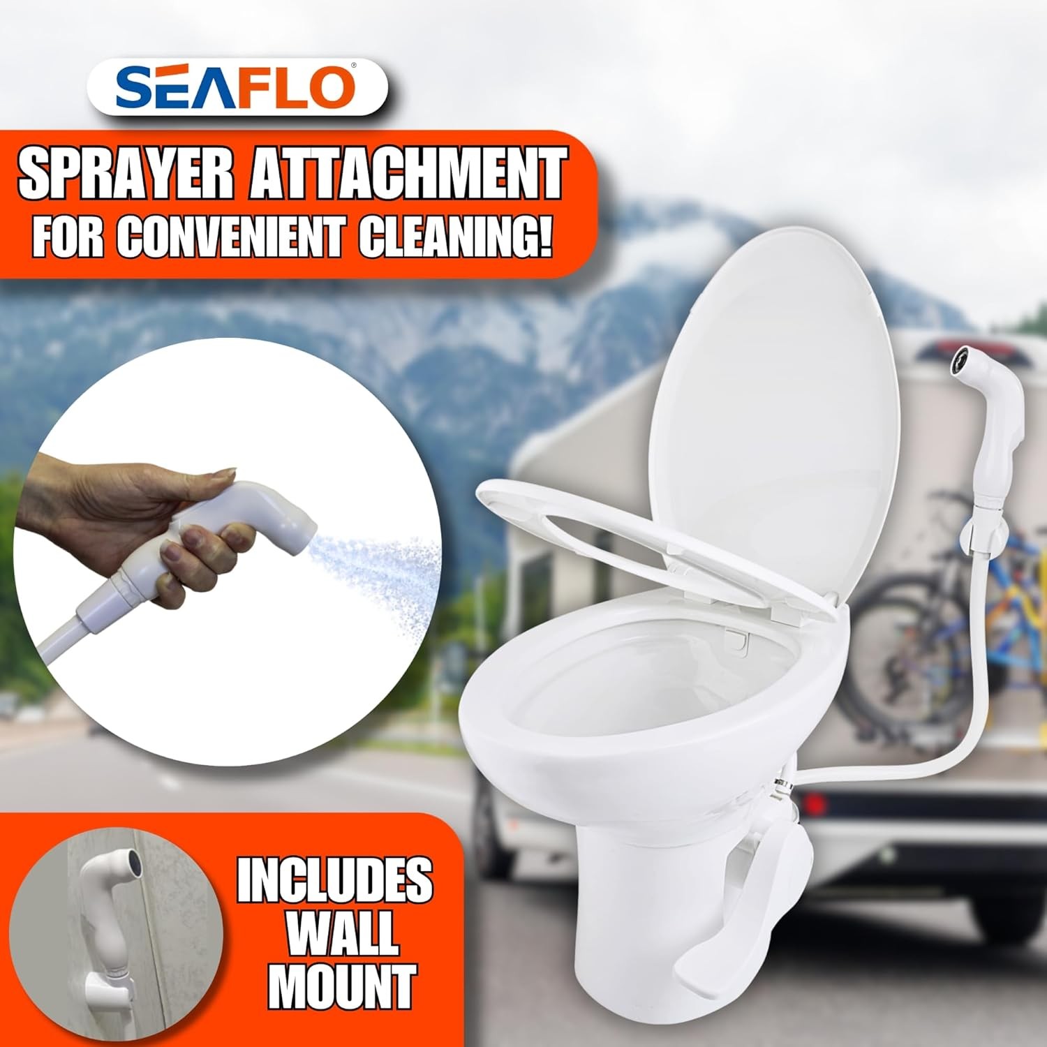 SEAFLO Porcelain RV Toilet Elongated 19 Inch Sprayer Attachment