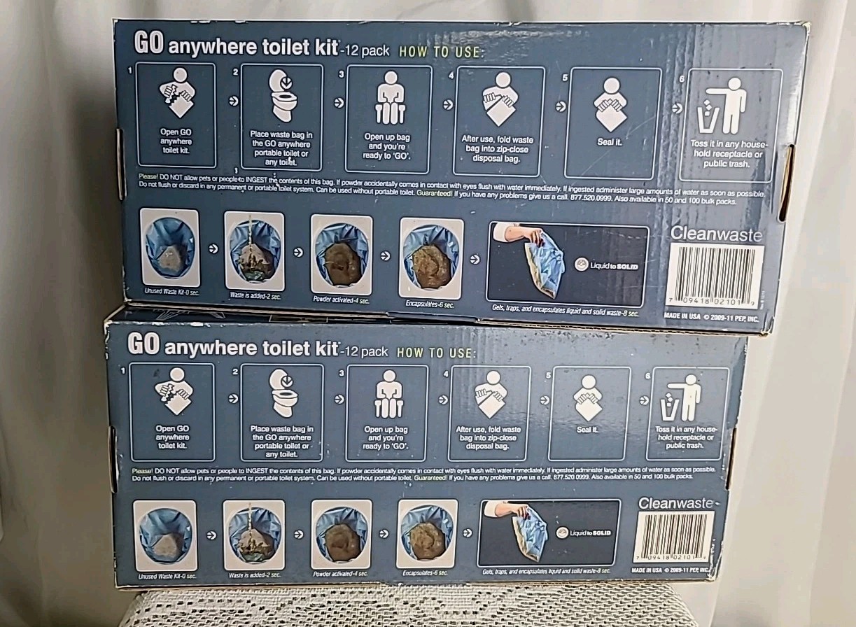LOT of 2 -12/Pack CASE NEW Cleanwaste GO Anywhere Toilet Waste Kits 24 total