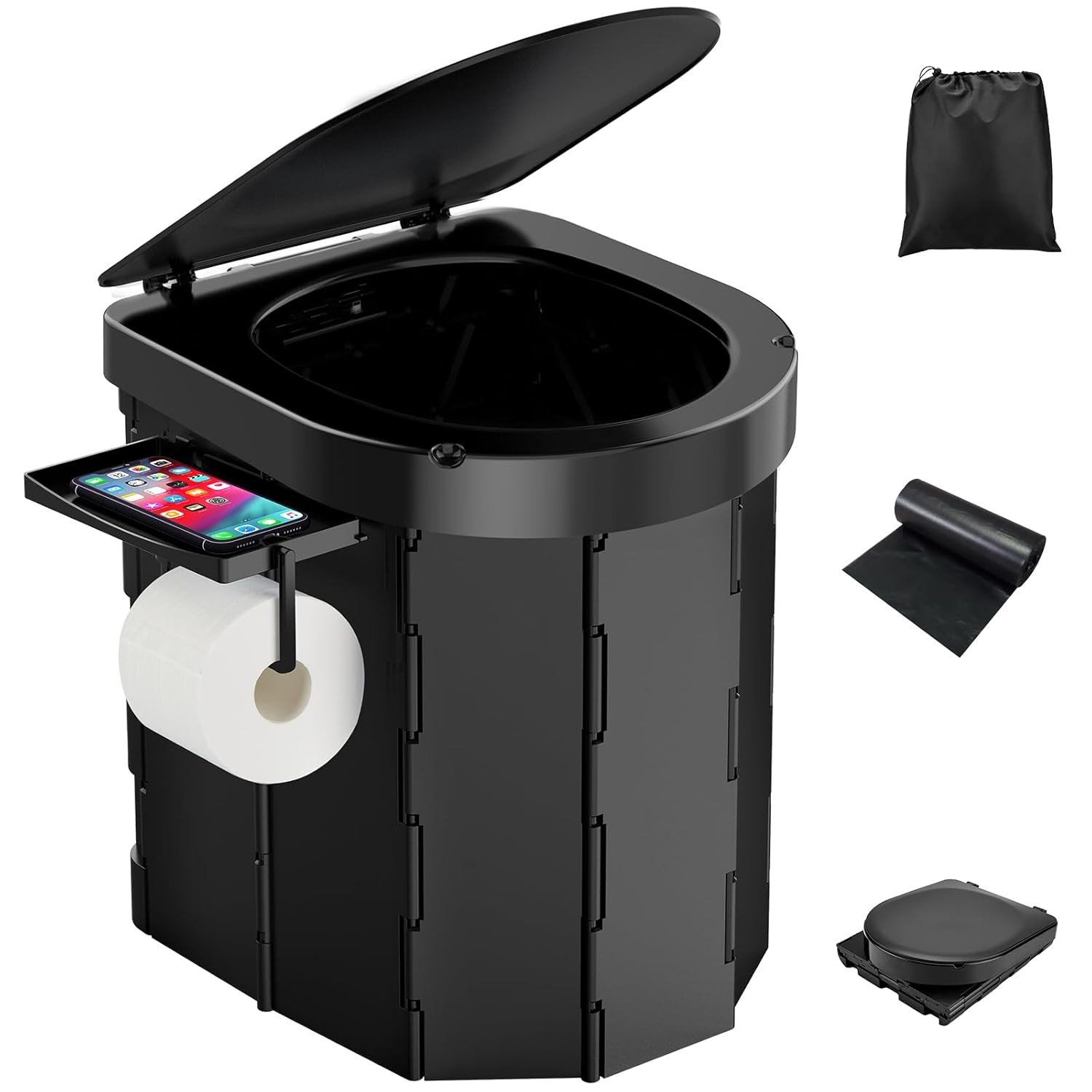 Portable Camping Toilet for Adults Foldable with Detachable Phone Shelf