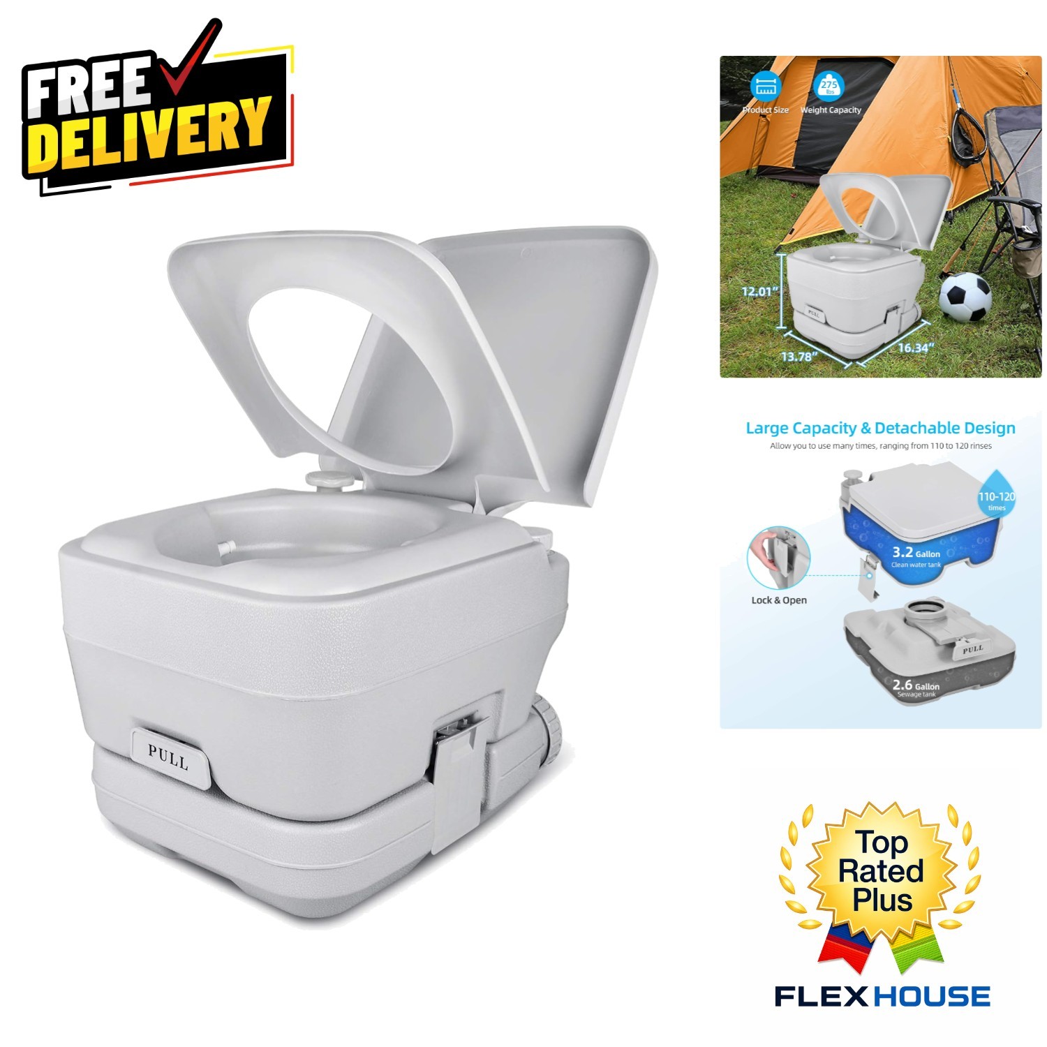 Durable 2.6 Gallon Portable Travel Toilet with Handle Flush Pump for Camping
