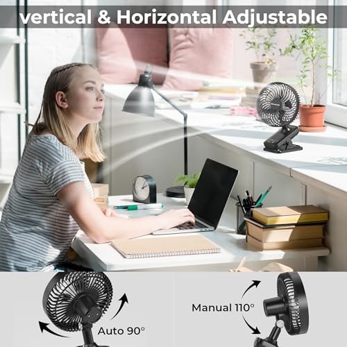 10000mAh Clip On Fan, 42H Run, Quiet & Auto Oscillating Table Black (No Light)