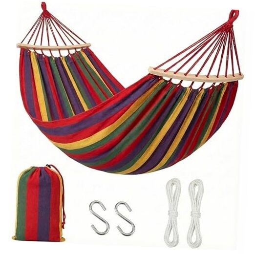 Multicolor Striped Fabric Hammock with Wood Spreader Bars Portable Outdoor Red