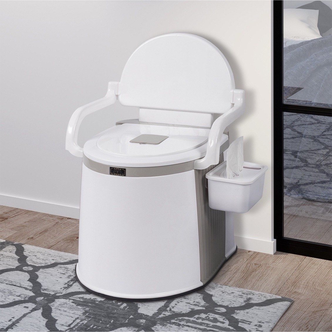 Portable Camping Toilet w/ Lid & Armrests, Gravity Flush, 5.3/3.2 Gal White