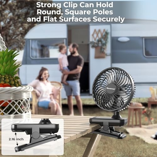 10000mAh Clip On Fan, 42H Run, Quiet & Auto Oscillating Table Black (No Light)