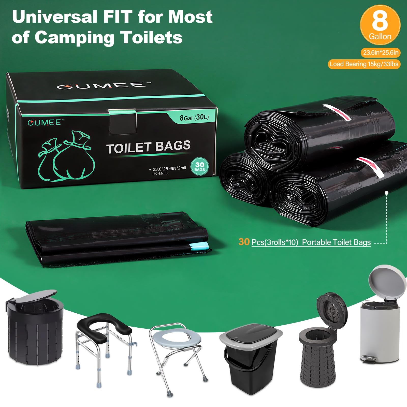 30 Pack Portable Toilet Bags, 8 Gallon Leak-Proof Waste Liners for Camping