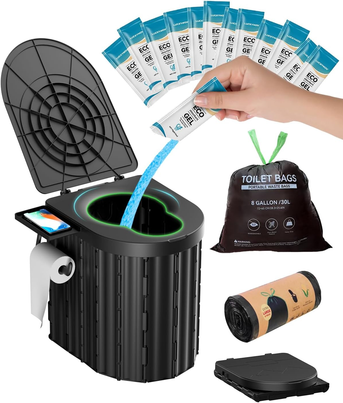 Portable Toilet with Urine Gel & Leak-Proof Bags – Odorless Camping Toilet for A