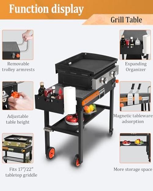 Grill Table Forstone Griddle 22 and 17 Inch, Grill Carts 32″D x 17″H Black