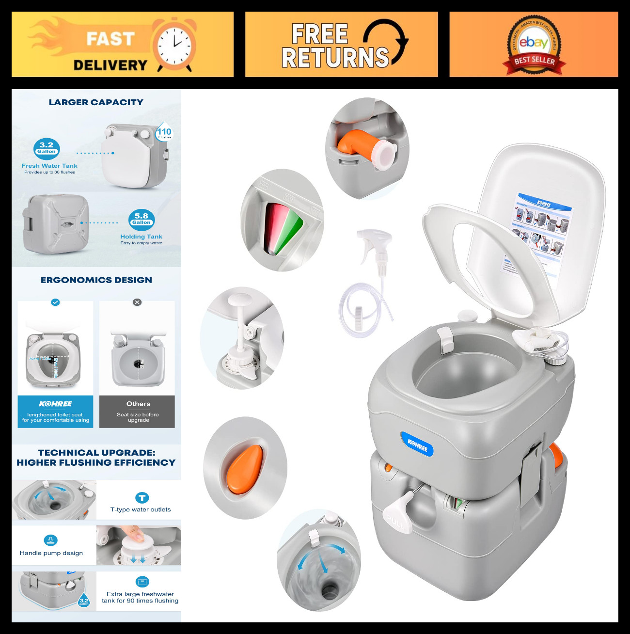 Portable RV Toilet – 5.8 Gallon Camping Porta Potty, Leak-Proof with Level Indic
