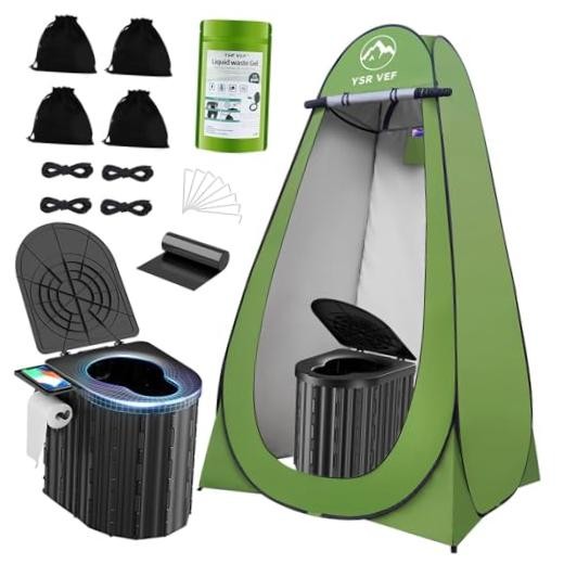 Camping Toilet with Pop-Up Privacy Tent and Liquid Black Toilet and Green Tent