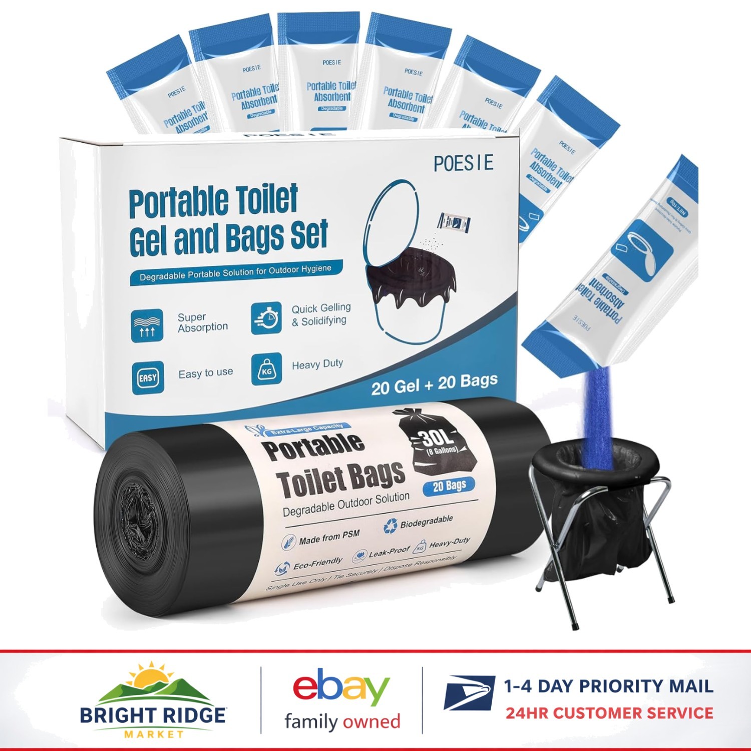 20 Pack Portable Toilet Gel Powder with Leak-Proof Bags for Outdoor Adventures