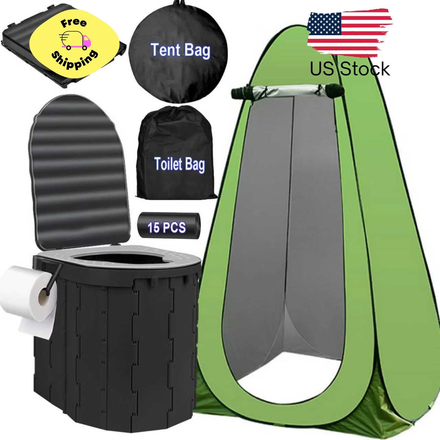 Portale Foldable Camping Toilet Set with Privacy Tent, Black