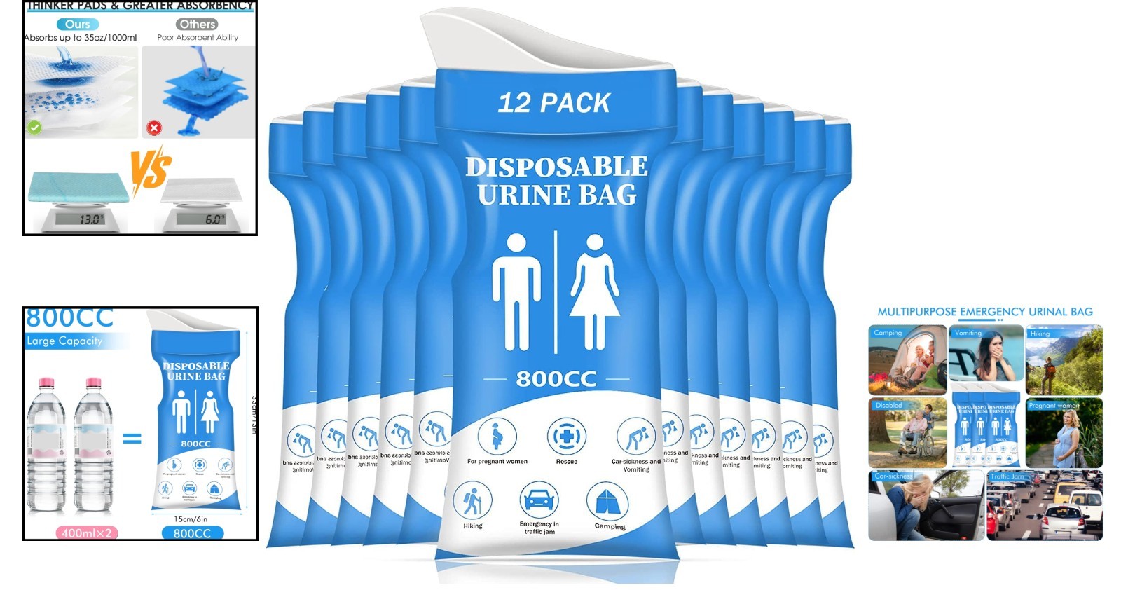 Large Capacity Disposable Urine Bag 12 Pack Emergency Travel Toilets Unisex