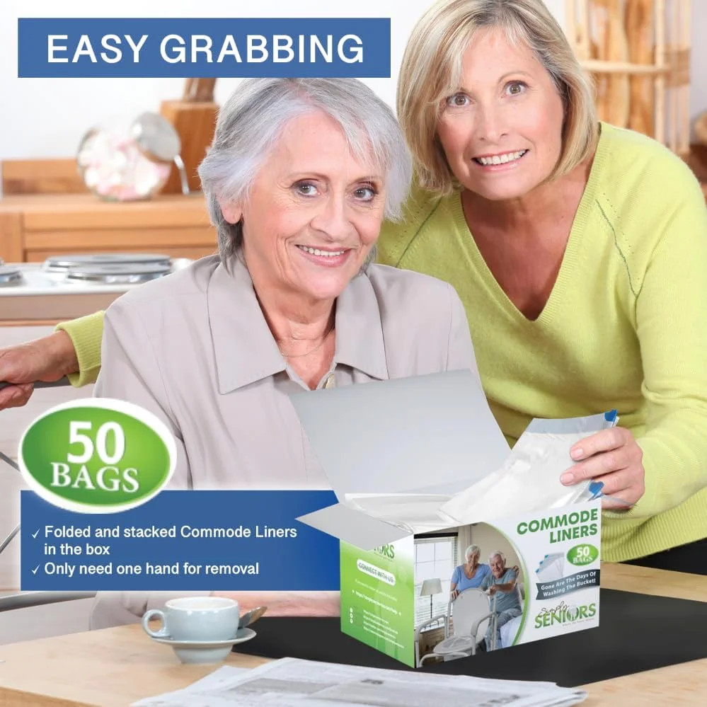 Commode Liners – 50 Strong Portable Commode Toilet Bags – Easy to Use Bedside Co