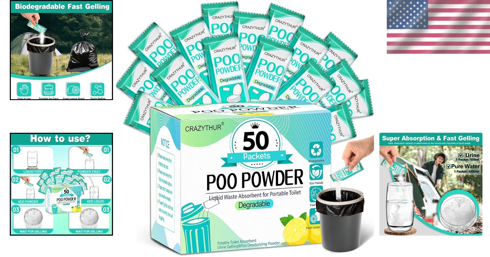 Eco-Friendly Portable Toilet Gel, 50 Lemon-Scented Packets for Camping