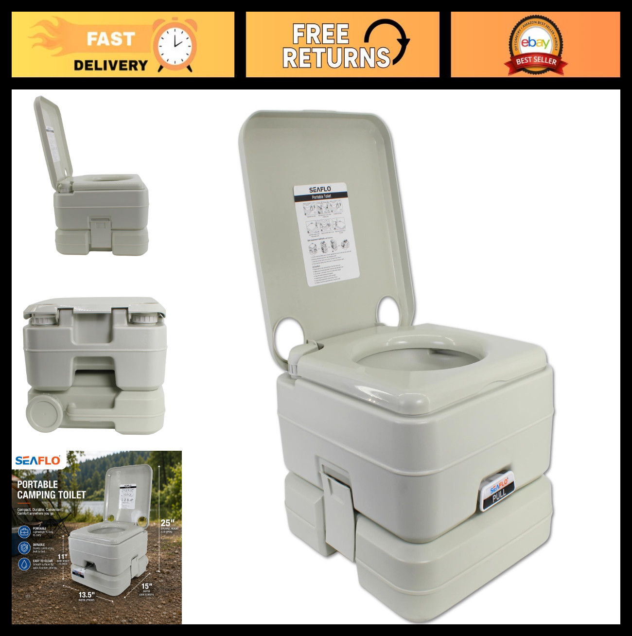 Portable Camping Toilet 5.8 Gallon – 100 Flushes, 440 lbs Capacity, RV/Boat Use,