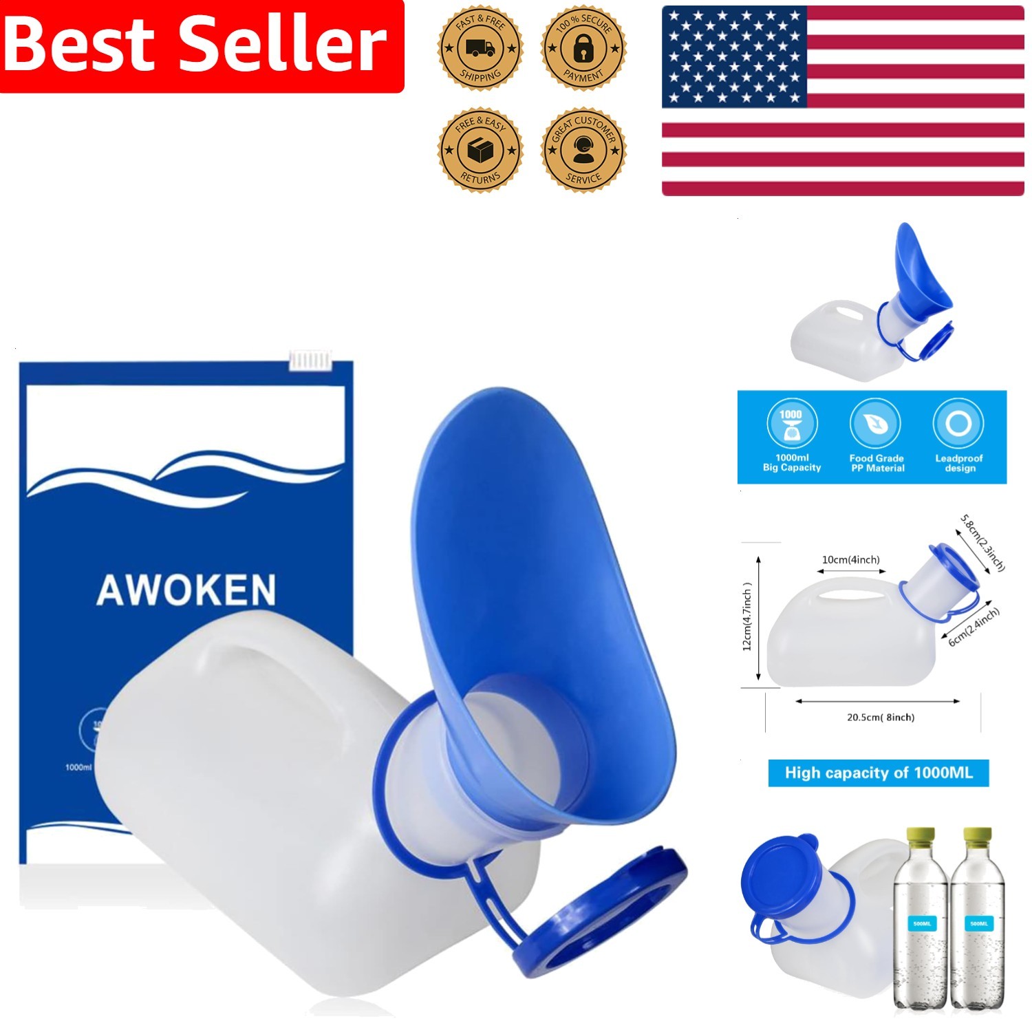 Unisex Portable Urinal Bottle Blue 1000ml Leakproof Travel Camping Pee Bottle