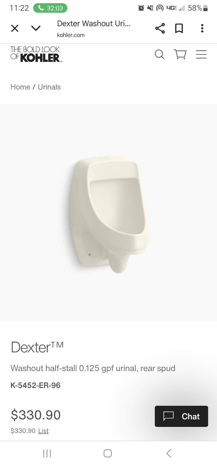 KOHLER Dexter washdown wall-mount 0.125 gpf urinal with rear spud