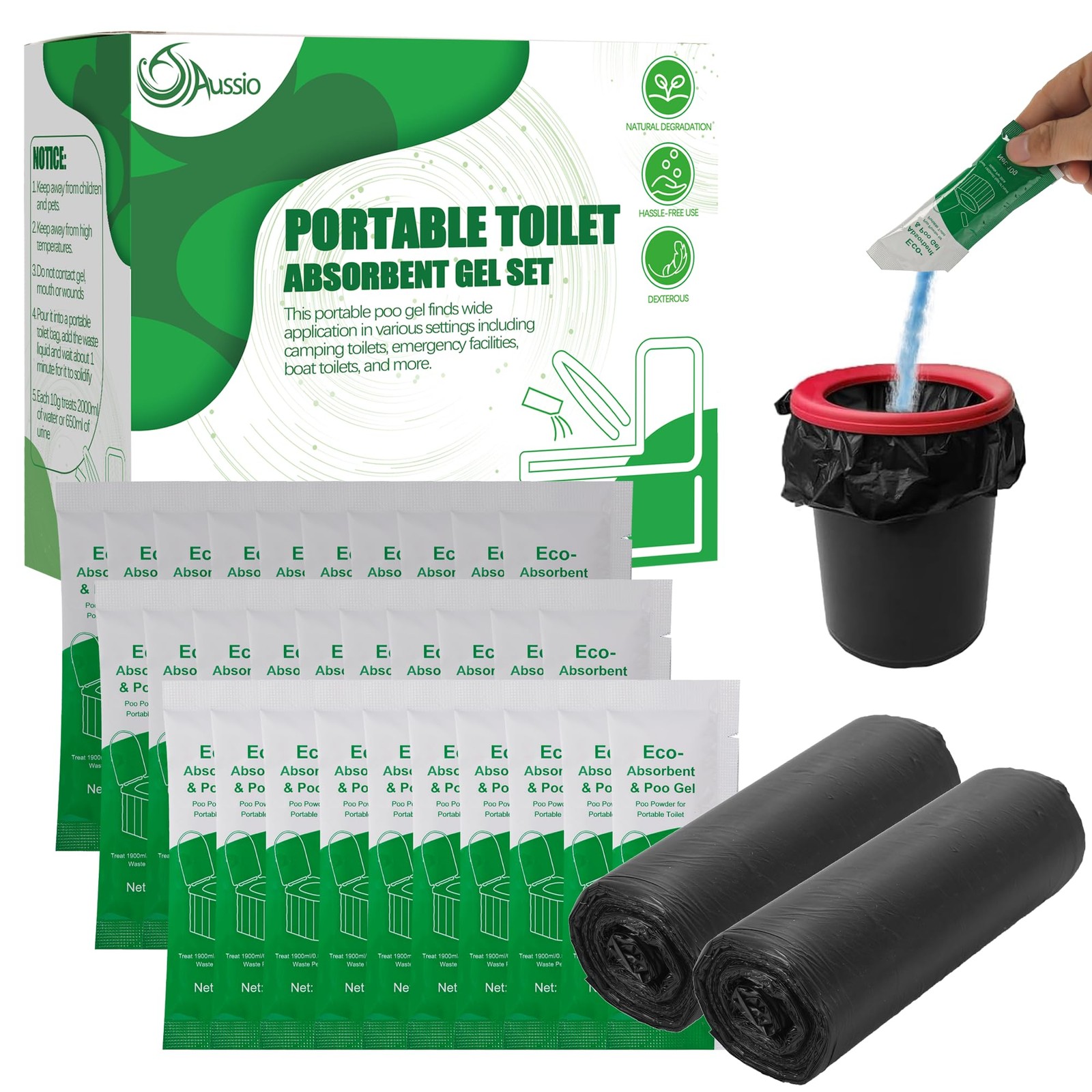 30pcs Portable Toilet Absorbent Gel with 40pcs 6 Gallon Camping Toilets Bags,…