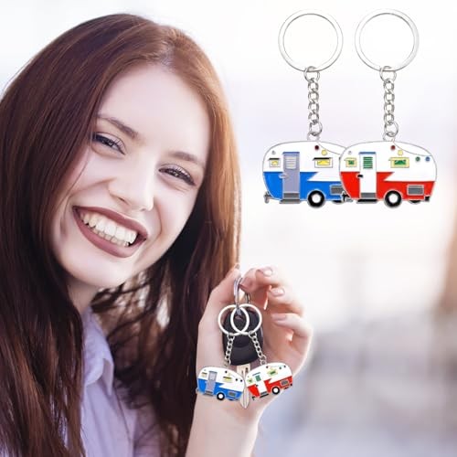 Thinp 2 Pieces Camper Keychain, RV Camper Keyring Accessories for Blue+red