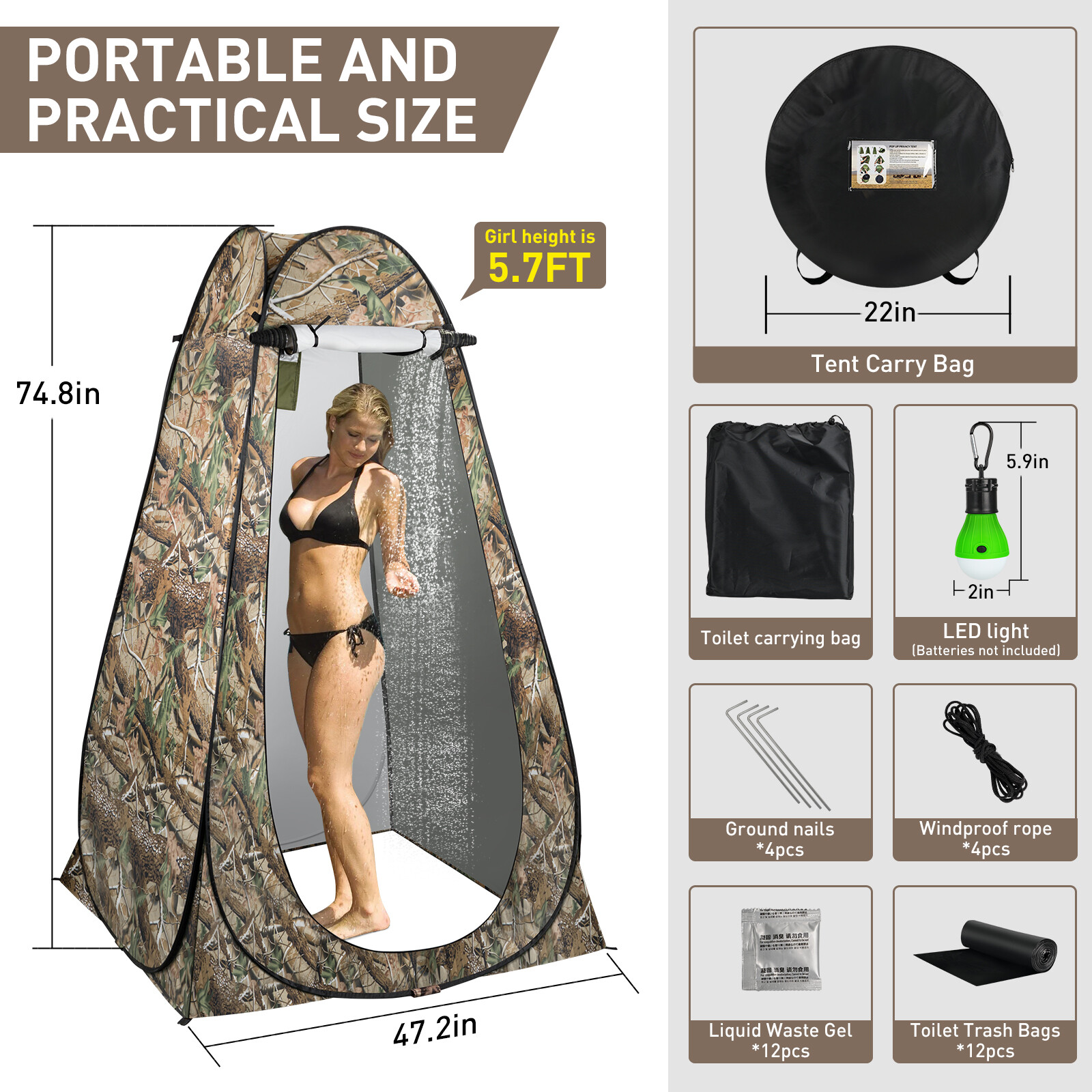 74.8in Portable Toilet with Pop Up Privacy Tent Large Portable Toilet for Adults