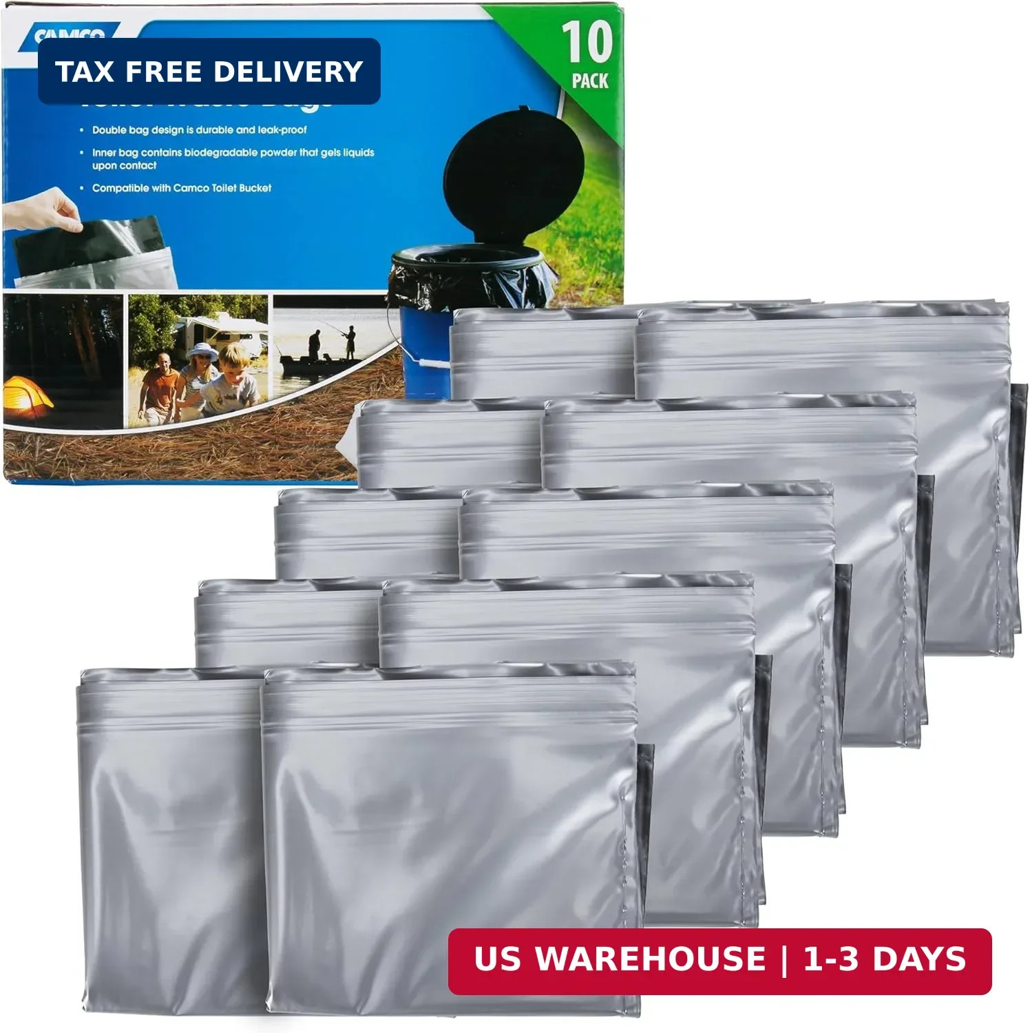 Camco Toilet Waste Bags – Features a Biodegradable Powder & Leak Proof Double Ba