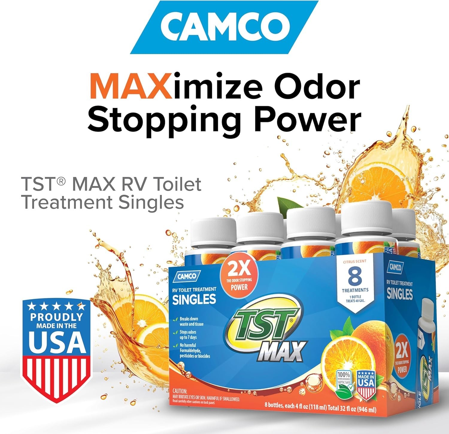 Camco TST MAX Toilet Treatment Singles for Camper & RV – Pack of 8 Single-Use 4O
