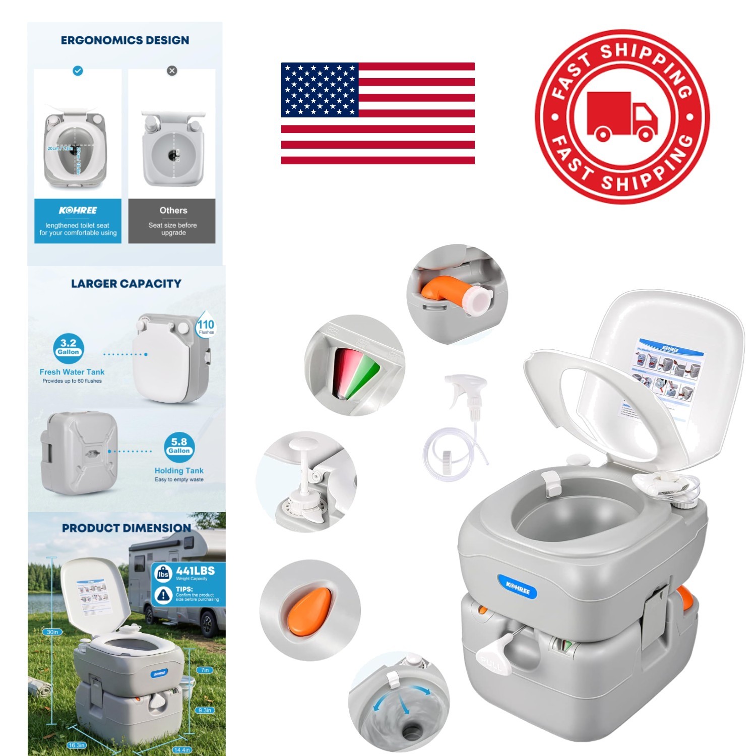 Portable Toilet for RV Travel 5.8 Gallon High Density Polyethylene Construction