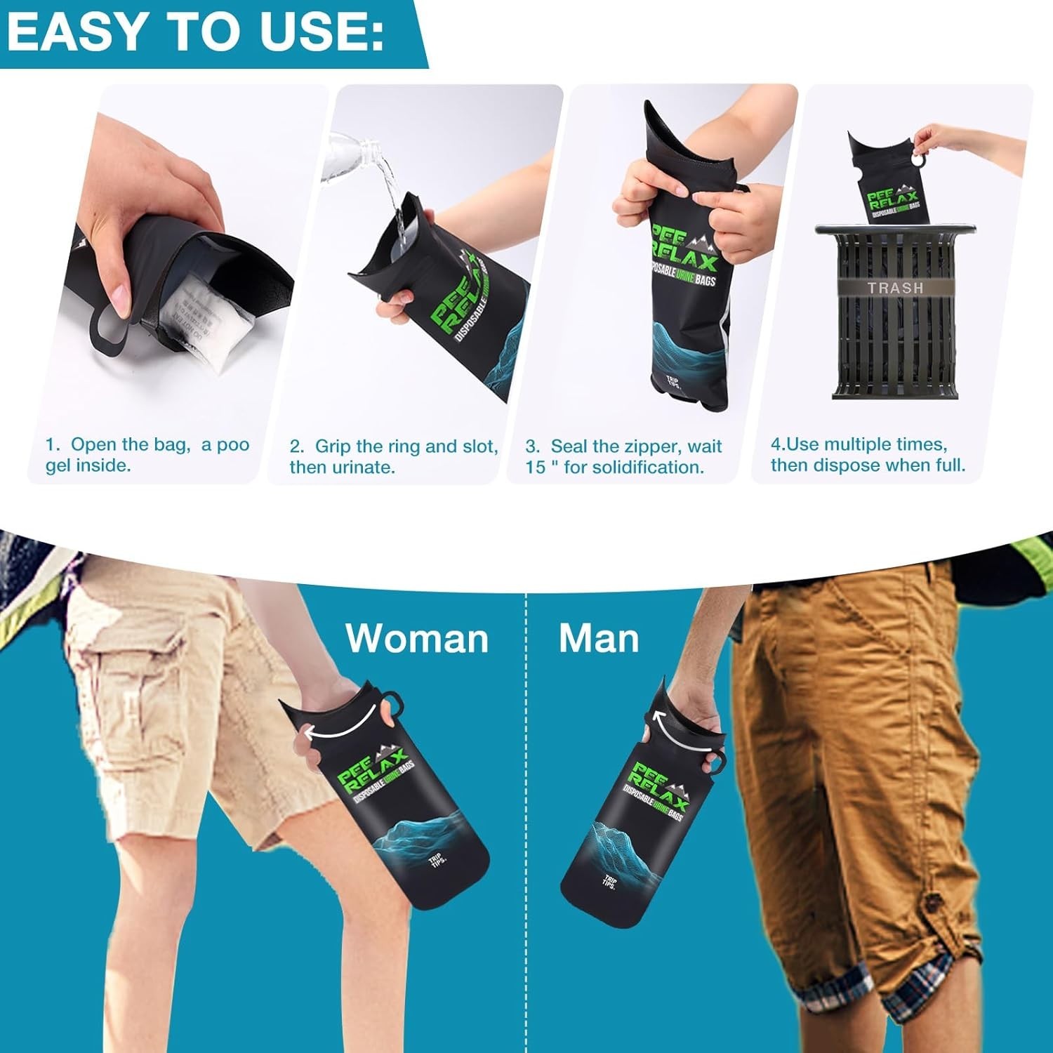 1000cc Pee Bags for Travel for Women Men Kids, 12 Pcs Disposable Urine Bag…